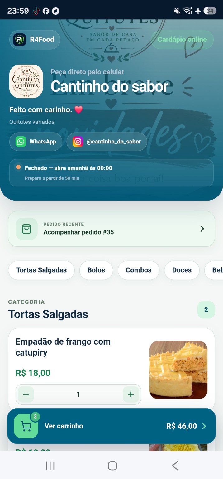 Cardápio online real do R4Food em um celular